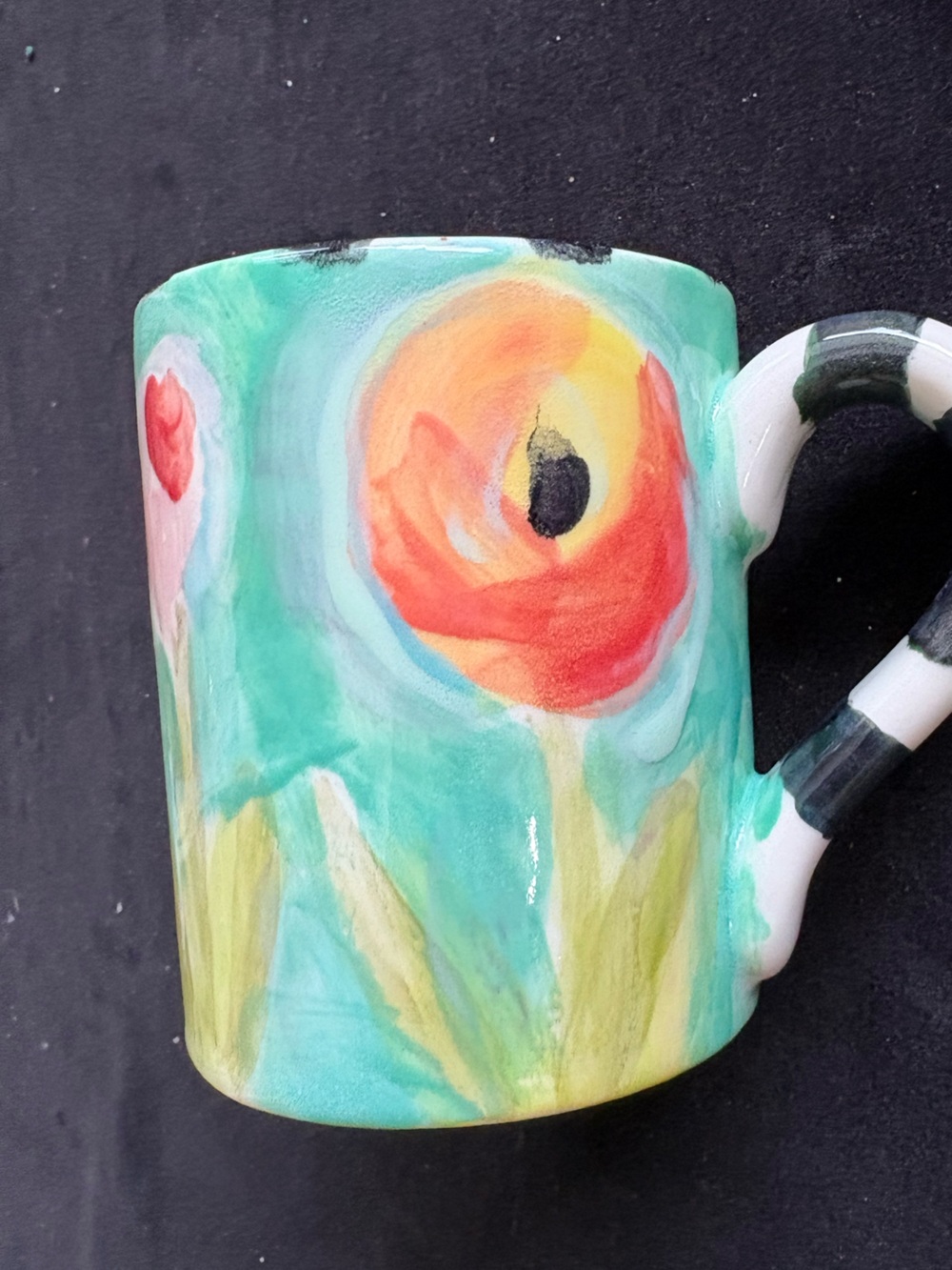 Hand painted 16 oz  4” Mug Poppies Design on Mint Green $12